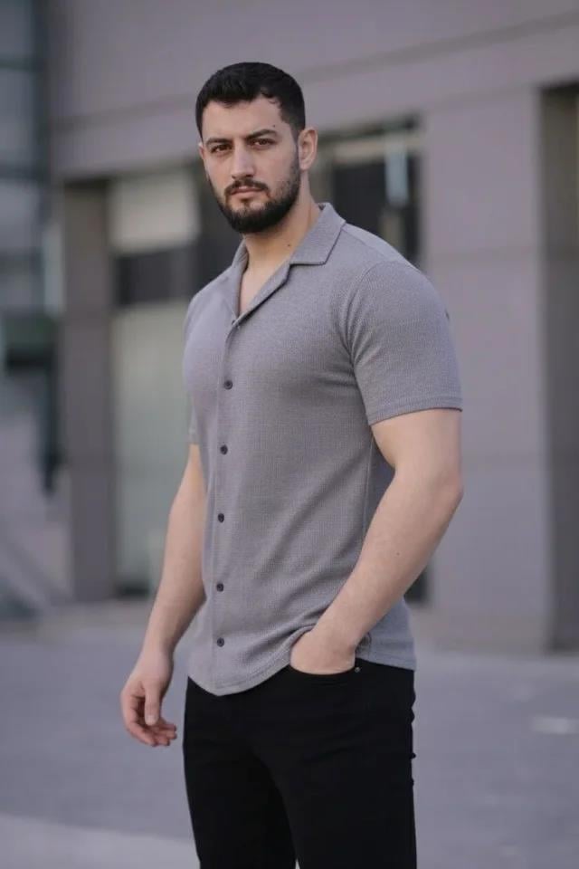 Erkek Waffle Kumaş Kısa Kollu Düğmeli Açık Yaka Regular Fit Gömlek - Gri