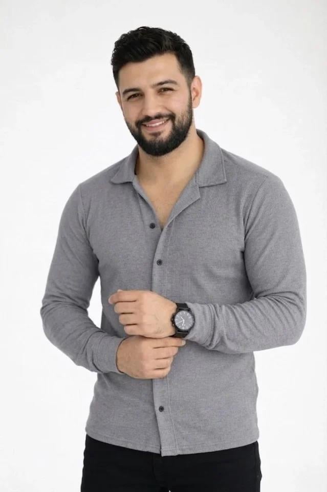 Erkek Waffle Kumaş Uzun Kollu Düğmeli Açık Yaka Regular Fit Gömlek - Füme