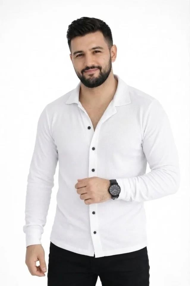 Erkek Waffle Kumaş Uzun Kollu Düğmeli Açık Yaka Regular Fit Gömlek - Beyaz