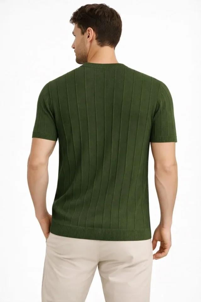 Erkek Yazlık Fitilli Triko Tişört Kısa Kol Bisiklet Yaka T-Shirt - Haki
