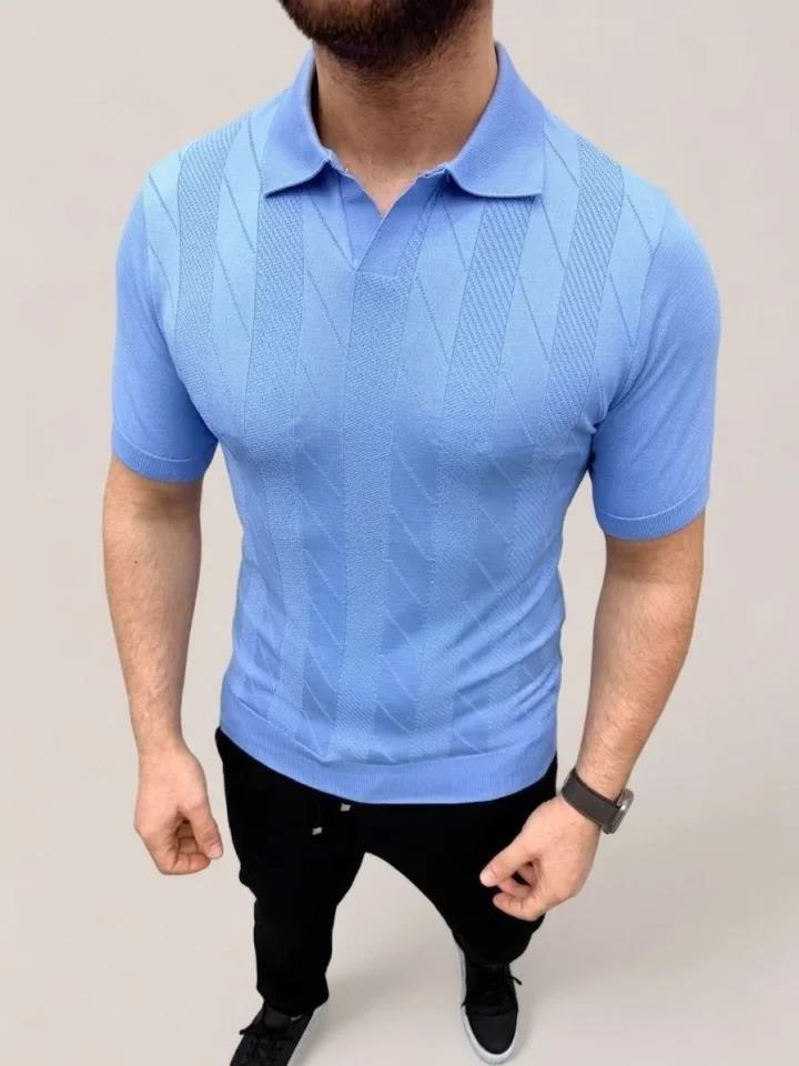 Erkek Yazlık Triko Dokuma Tişört Kısa Kol Polo Yaka T-Shirt - Bebek Mavisi