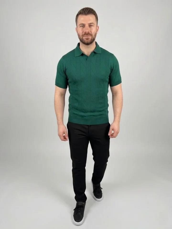 Erkek Yazlık Triko Dokuma Tişört Kısa Kol Polo Yaka T-Shirt - Koyu Yeşil