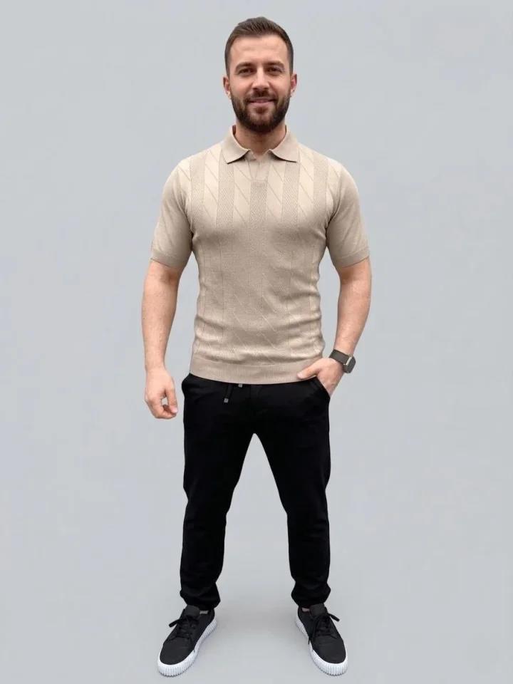 Erkek Yazlık Triko Dokuma Tişört Kısa Kol Polo Yaka T-Shirt - Bej