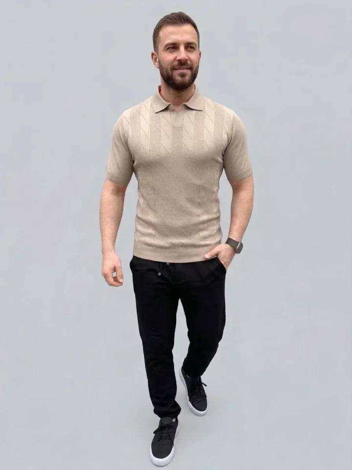 Erkek Yazlık Triko Dokuma Tişört Kısa Kol Polo Yaka T-Shirt - Bej