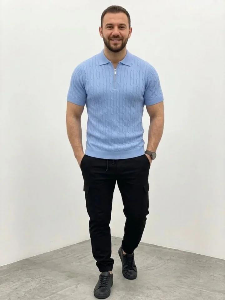 Erkek Yazlık Triko Saç Örgü Tişört Kısa Kol Polo Yaka Fermuarlı T-Shirt - Bebe Mavisi