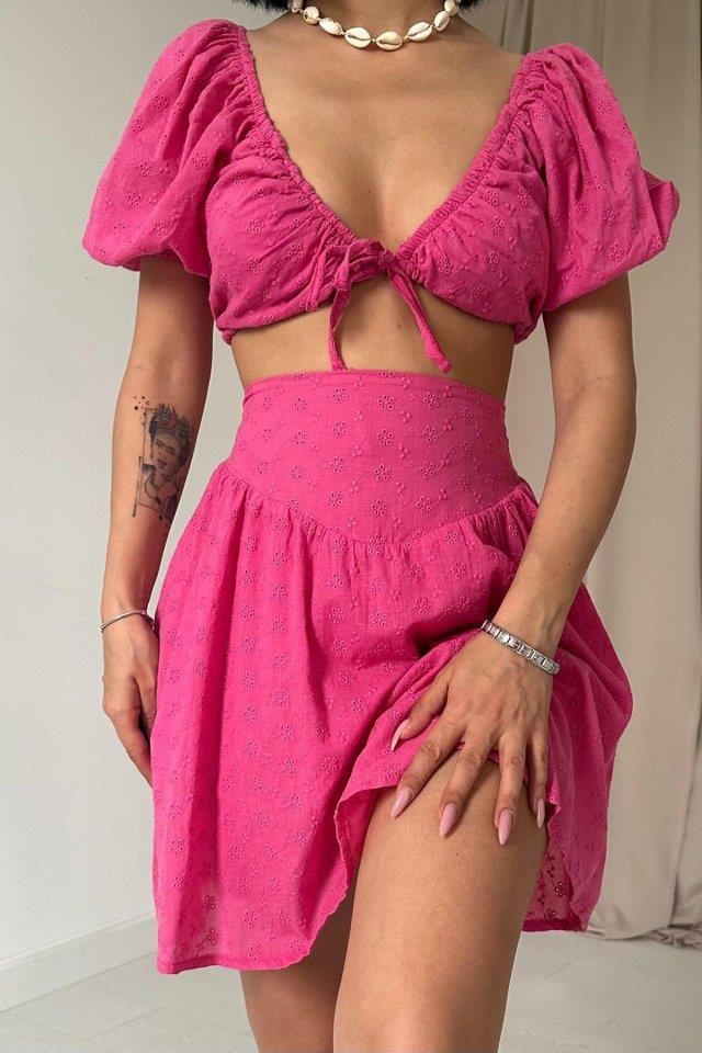 Fuşya Brode Crop Ve Mini Etek Takım