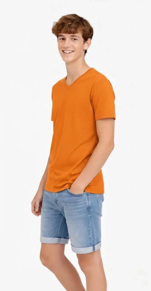 Genç Erkek Çocuk V Yaka Tişört Yazlık Model Günlük Basic Body - Turuncu