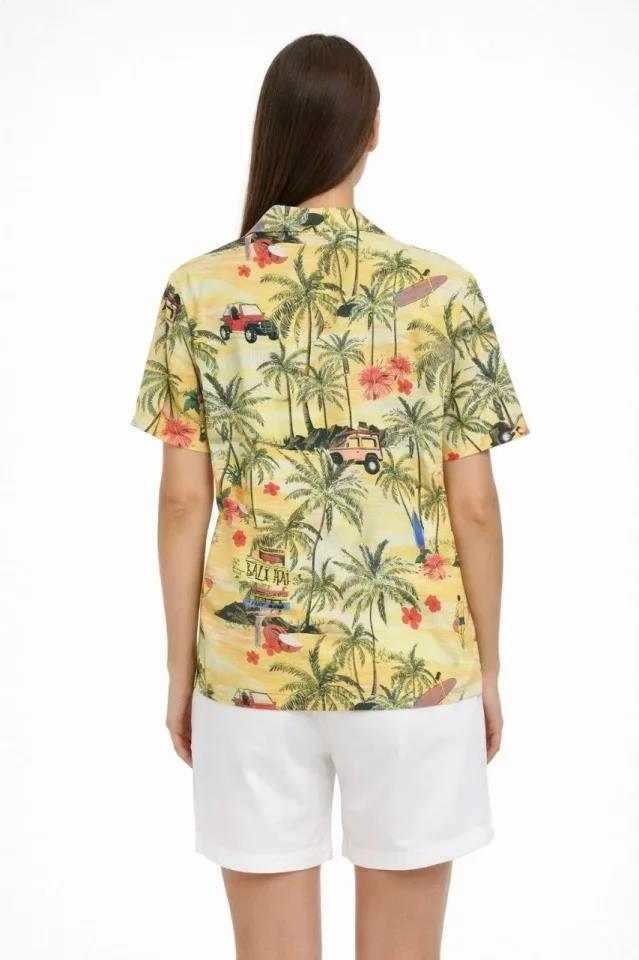 Gün Batımı Tropikal Desenli Kısa Kol Gömlek Şort Takım Yazlık Rahat Kalıp - Desenli