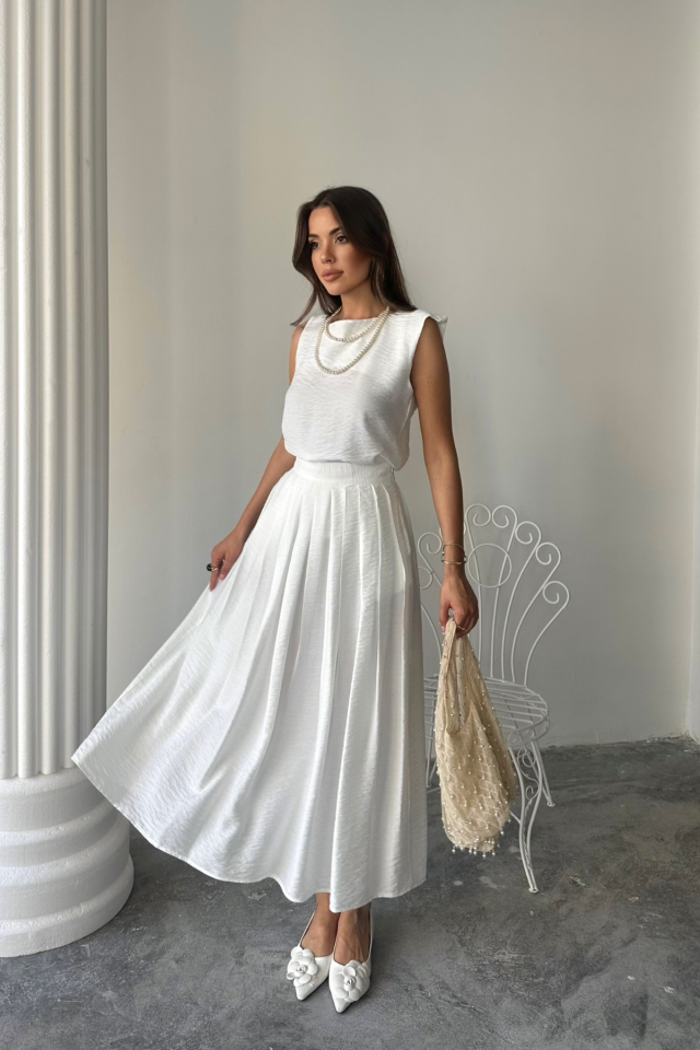KETEN KOLSUZ BLUZ - MAXİ ETEK TAKIM - Beyaz