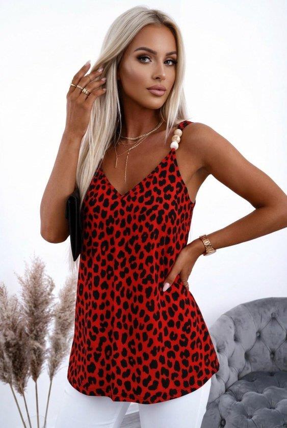 Kadın Askılı V Yakalı Boncuk Detaylı Leopar Desenli Süprem Bluz