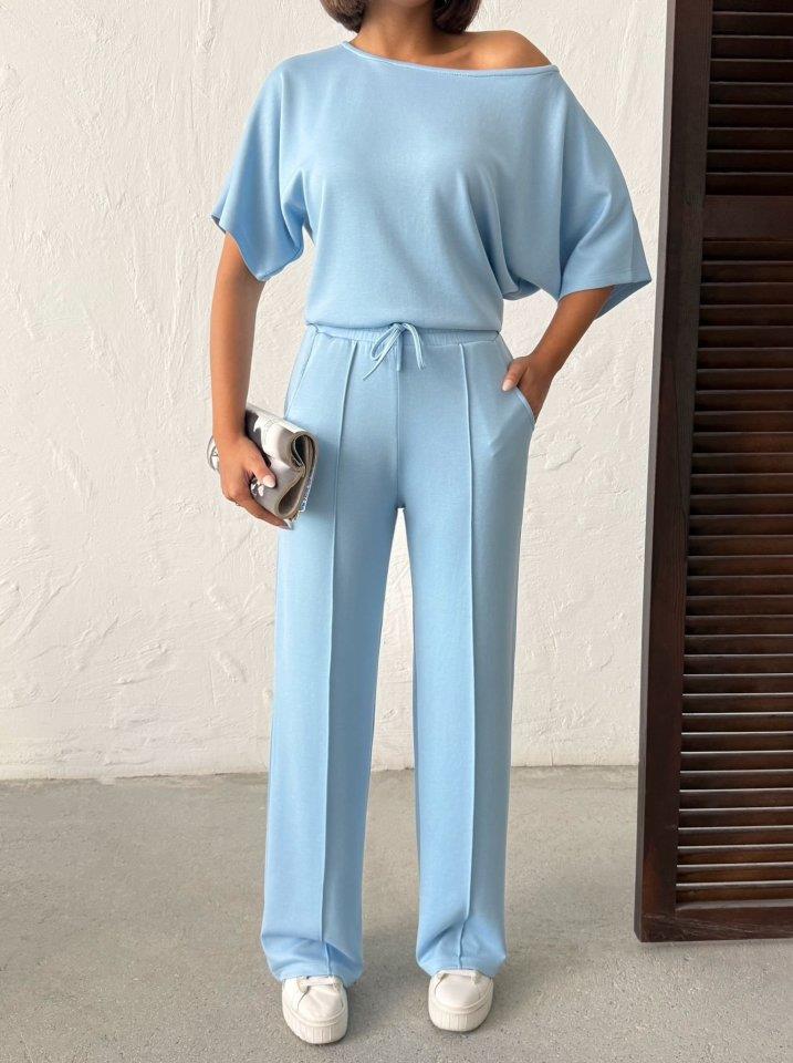 Kadın İsa Kollu Kayık Yaka Bluz Ve Pantolon Misal Kumaş Ikili Takım