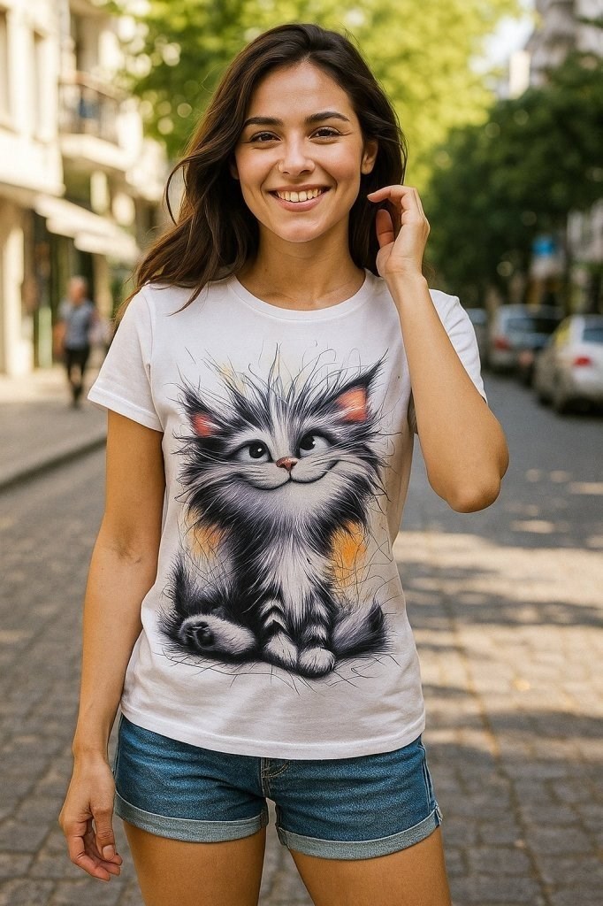 Kadın Kısa Kollu Bisiklet Yaka Kedi Baskılı Süprem Bluz