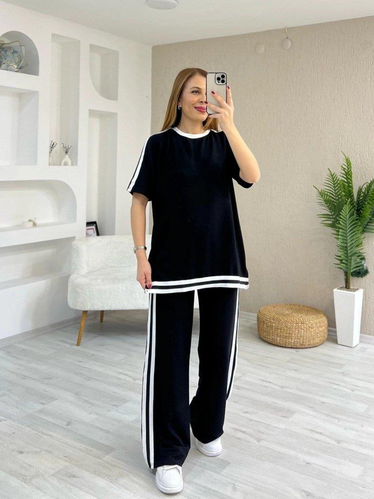 Kadın Kısa Kollu Bisiklet Yaka çift Renk şerit Detaylı Viskon Iki Iplik Bluz Ve Pantolon Ikili Takım