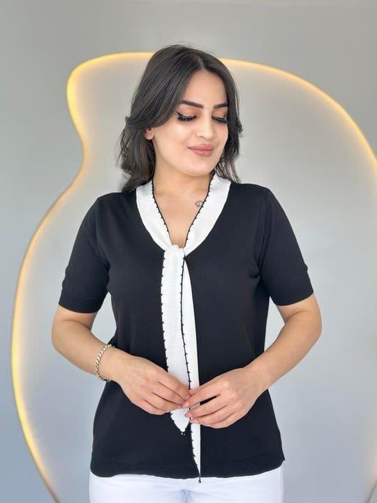 Kadın Kısa Kollu V Yaka Fular Detay Merserize Triko Bbluz