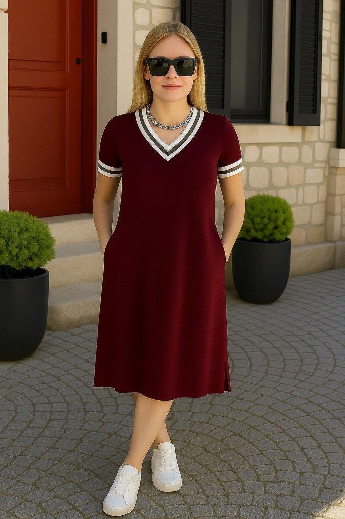 Kadın Kısa Kollu V Yaka Ve Yaka Ribana Detay Midiboy Viskon Elbise