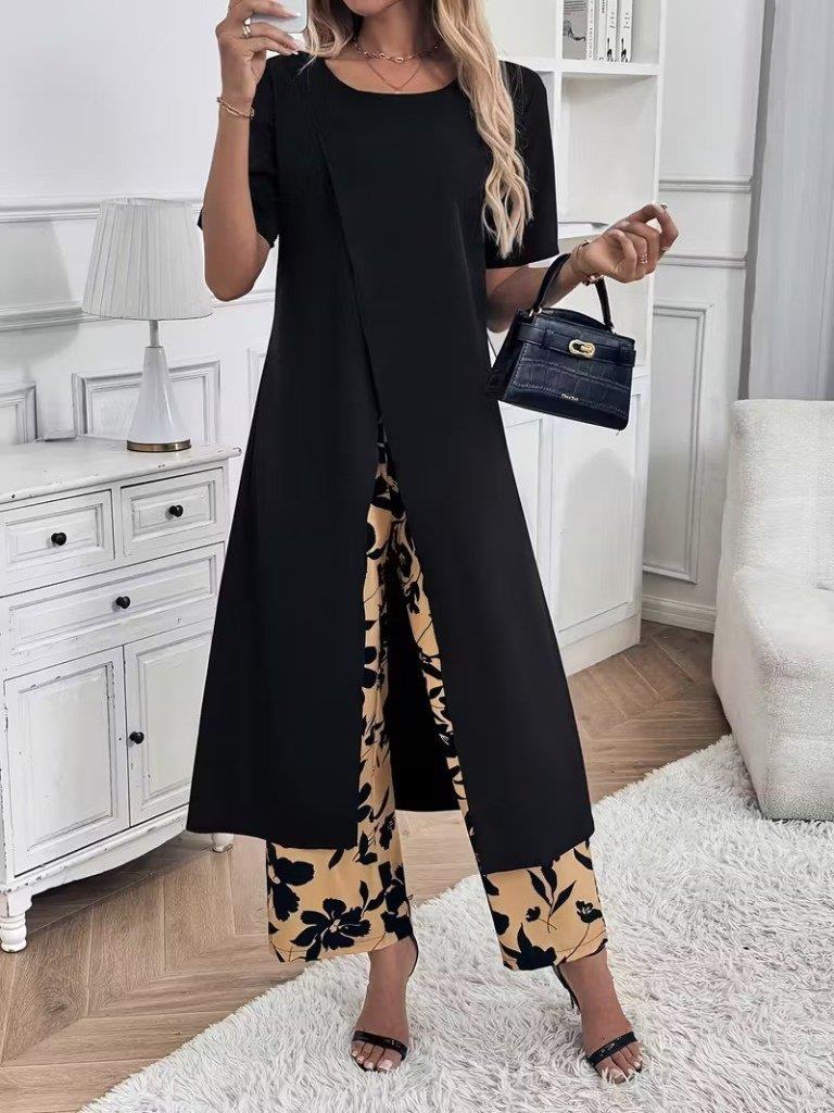 Kadın Kısa Kollu önden çapraz Detaylı Viskon Uzun Bluz Ve Desenli Iki Iplik Pantolon Ikili Takım