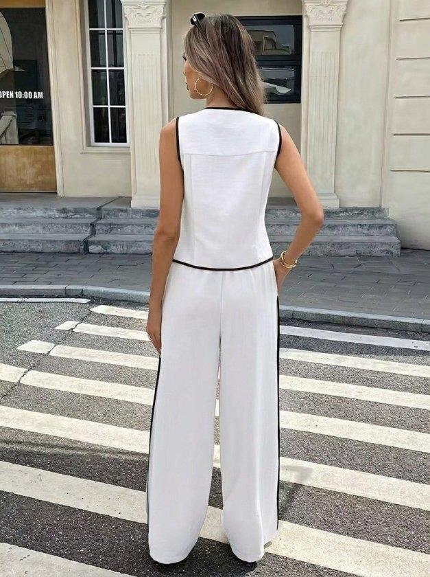 Kadın Kolsuz önü Düğmeli Yelek Ve Pantolon Ikili Takım