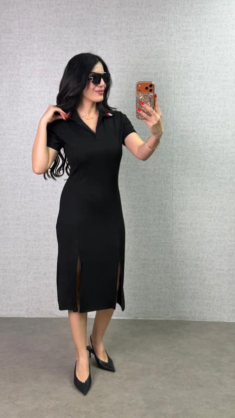 Kadın Polo Yaka çift Yırtmaç Detay Modal Kumaş Midi Boy Elbise