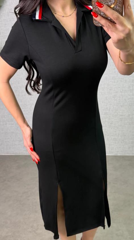 Kadın Polo Yaka çift Yırtmaç Detay Modal Kumaş Midi Boy Elbise