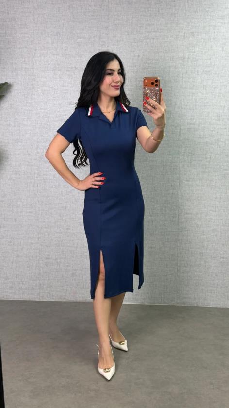 Kadın Polo Yaka çift Yırtmaç Detay Modal Kumaş Midi Boy Elbise