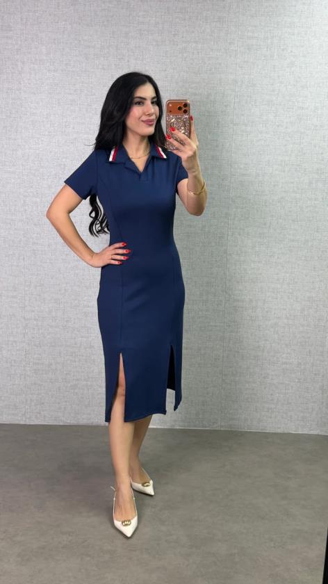 Kadın Polo Yaka çift Yırtmaç Detay Modal Kumaş Midi Boy Elbise