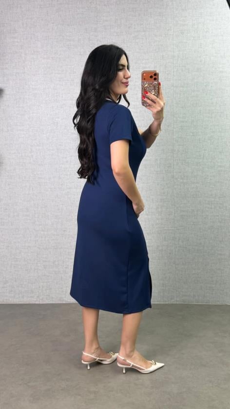 Kadın Polo Yaka çift Yırtmaç Detay Modal Kumaş Midi Boy Elbise