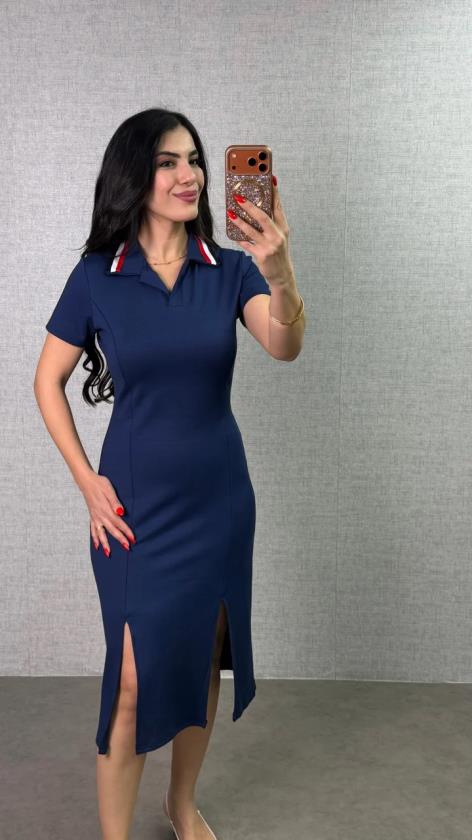 Kadın Polo Yaka çift Yırtmaç Detay Modal Kumaş Midi Boy Elbise
