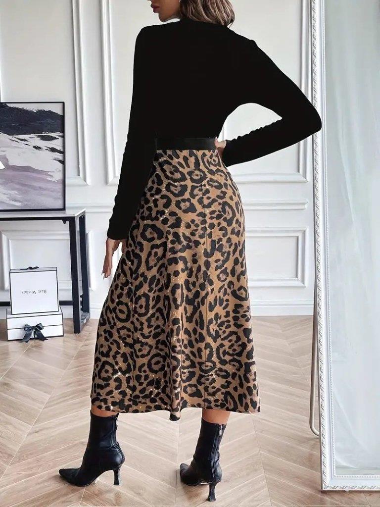 Kadın Uzun Kollu Bisiklet Yaka Ithal Krep Bluz Alt Desenli Modal Midi Elbise