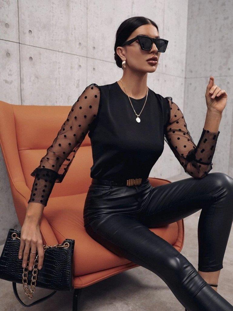 Kadın Uzun Kollu Bisiklet Yaka Kollar Puantiyeli Tül Detaylı Sandy Bluz