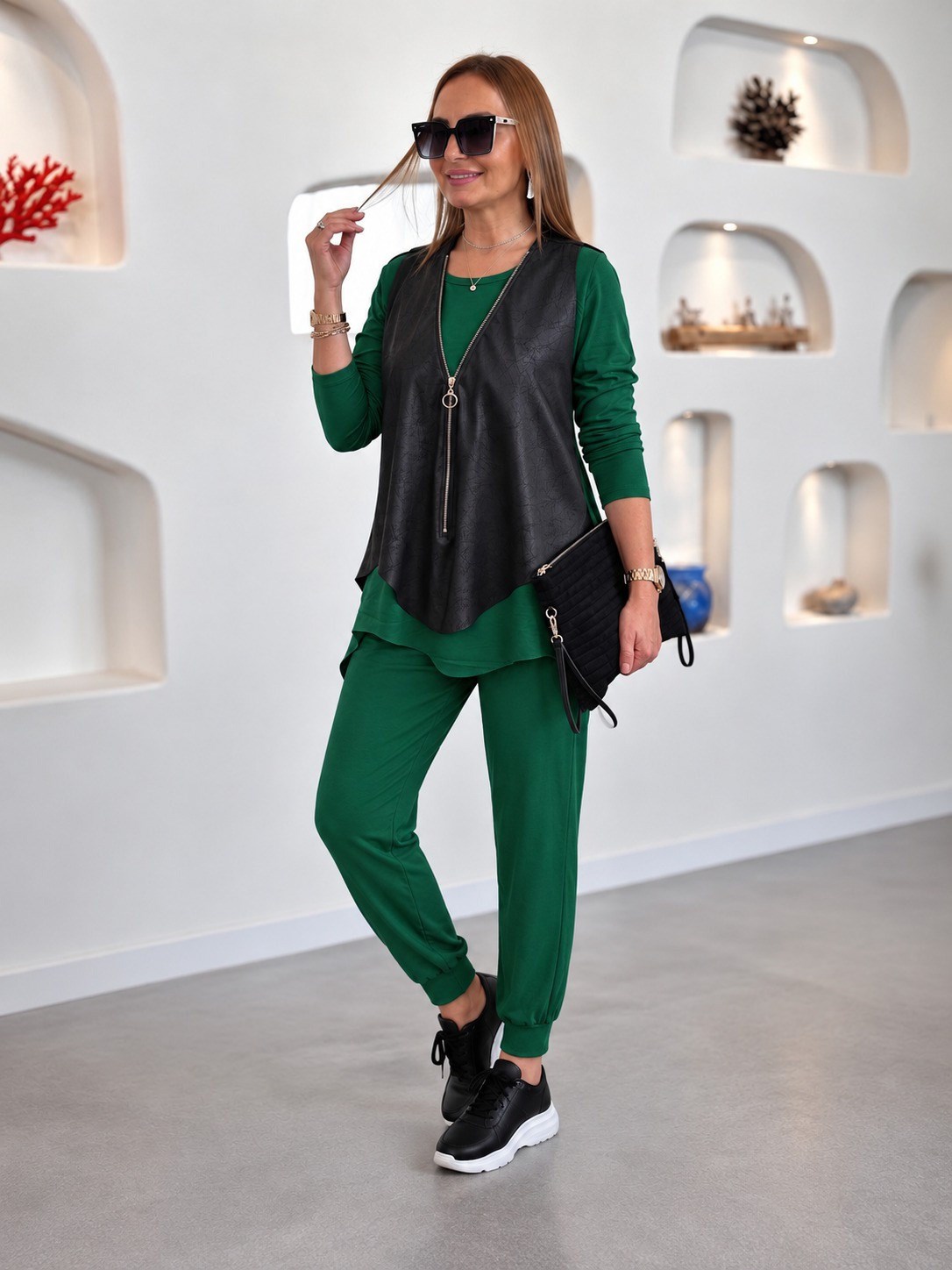Kadın Uzun Kollu Bisiklet Yakalı Viskon Iki Iplik Bluz Pantolon Ve çatlak Deri Yelek üçlü Takım