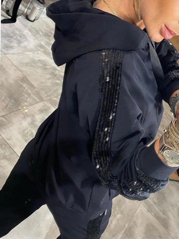 Kadın Uzun Kollu Kapşonlu Pulpayet Detay Viskon Iki Iplik Bluz Ve Pantolon Ikili Takım