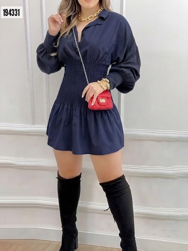 Kadın Uzun Kollu Yakalı Beli Lastikli Trikoton Elbise