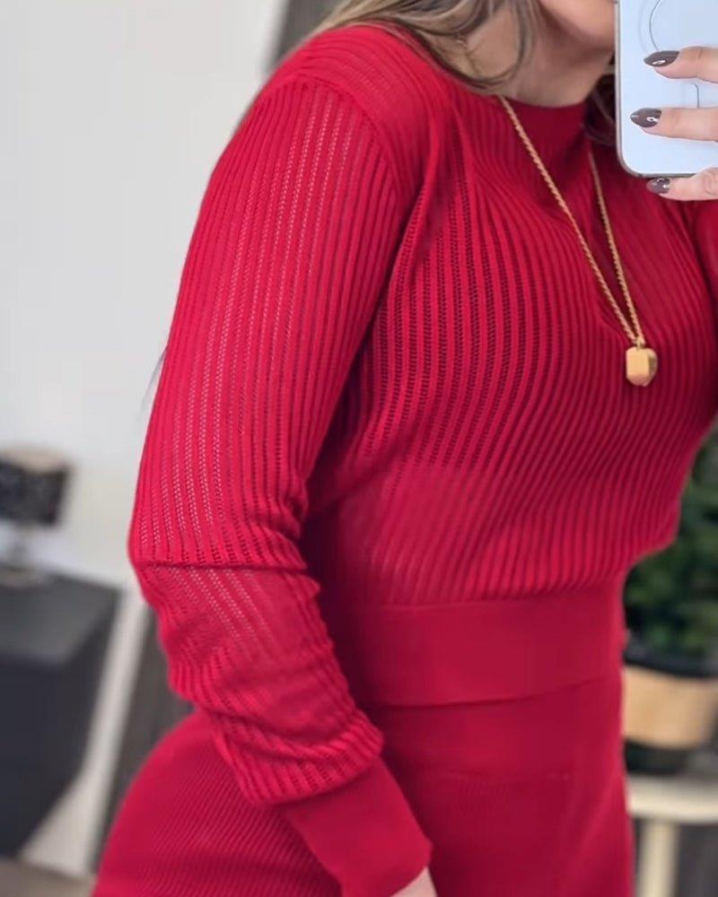 Kadın Uzun Kollu Yuvarlak Yaka Transparan Detaylı Triko Bluz Ve Pantolon Ikili Takım
