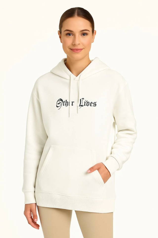 Kapşonlu Sweatshirt – Oversize Üç İplik Şardonlu Hoodie, “Other Lives” Ön - Arka Baskılı, Kanguru Cepli, Kışlık Rahat Günlük Stil - Beyaz