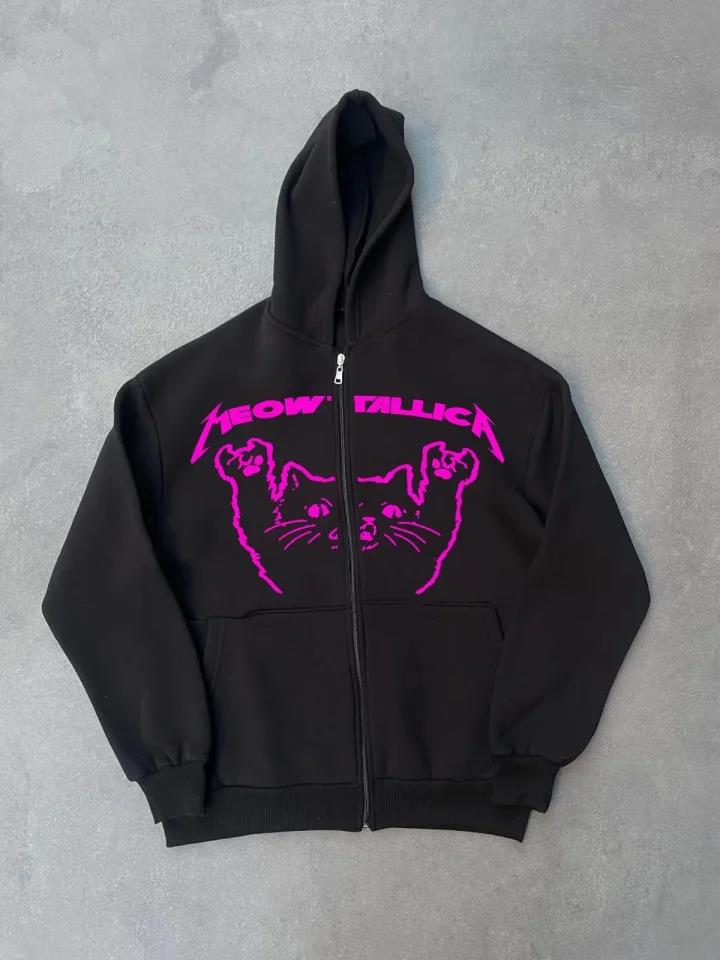 Kışlık Baskılı Fermuarlı Kapüşonlu Hırka - Siyah