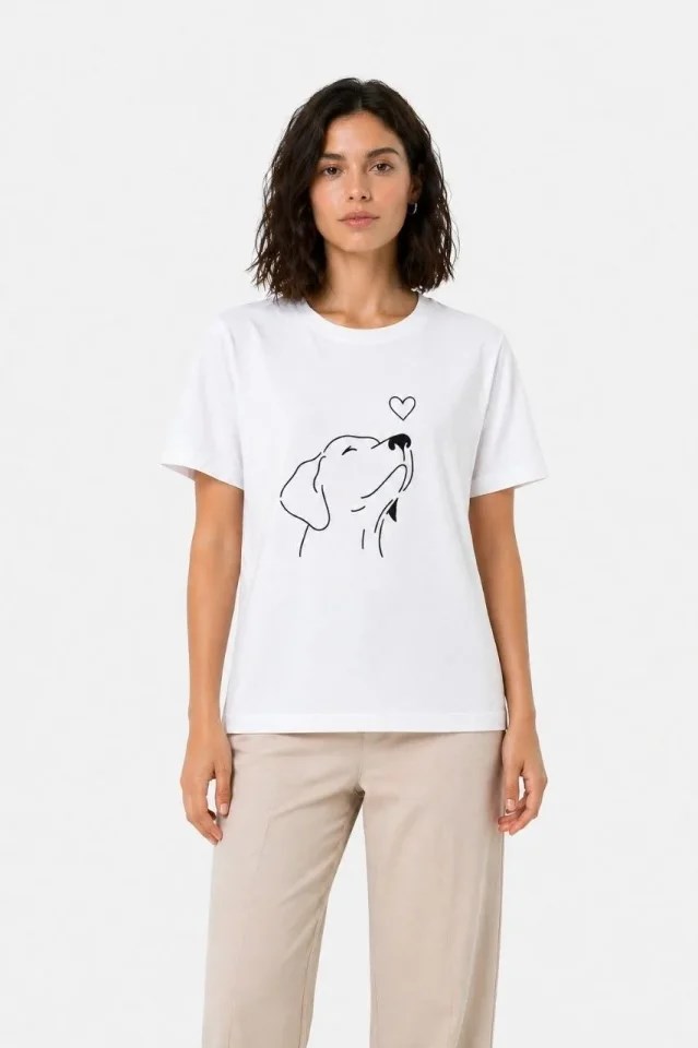 Köpek Figürlü Minimal Baskılı Tişört Kısa Kol Yazlık T-Shirt - Beyaz