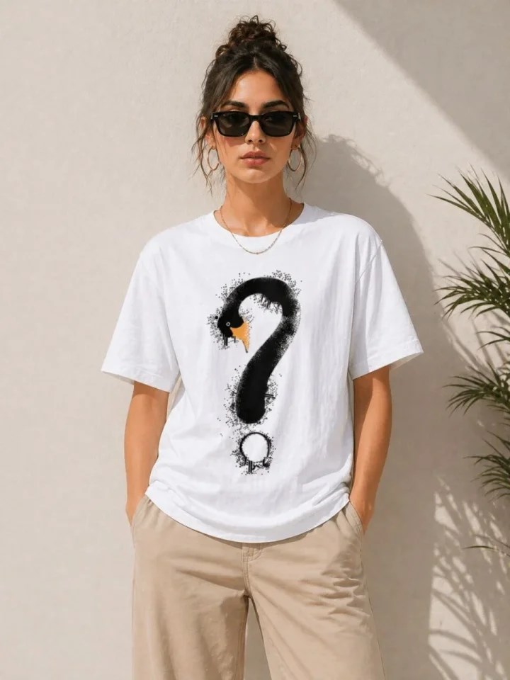 Kuğu Figürlü Soru İşareti Baskılı Tişört Kısa Kol T-Shirt - Beyaz