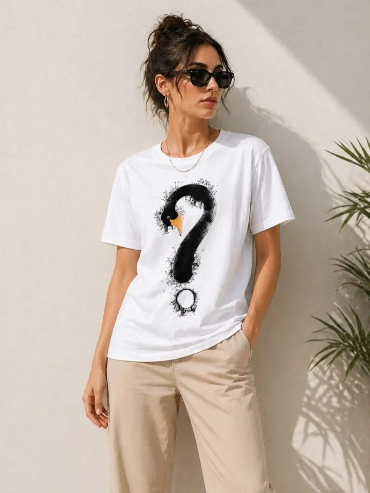 Kuğu Figürlü Soru İşareti Baskılı Tişört Kısa Kol T-Shirt - Beyaz