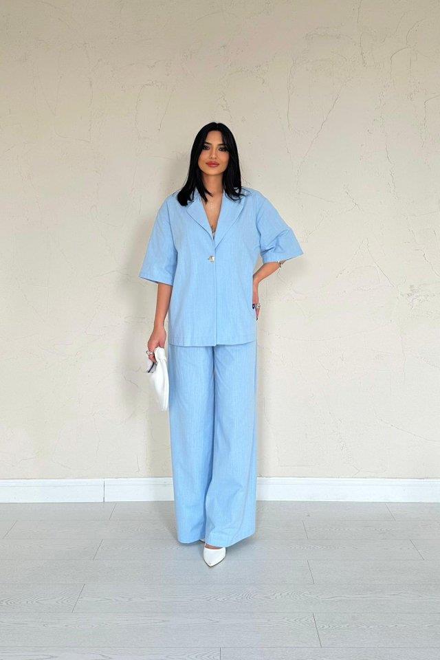 Mavi Önü Tek Düğmeli Ceket Pantolon Takım