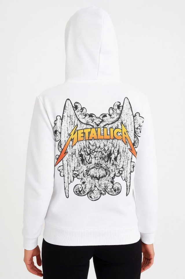 Metallica İki İplik Kapüşonlu Ön Ve Arka Baskılı Hoodie - Beyaz
