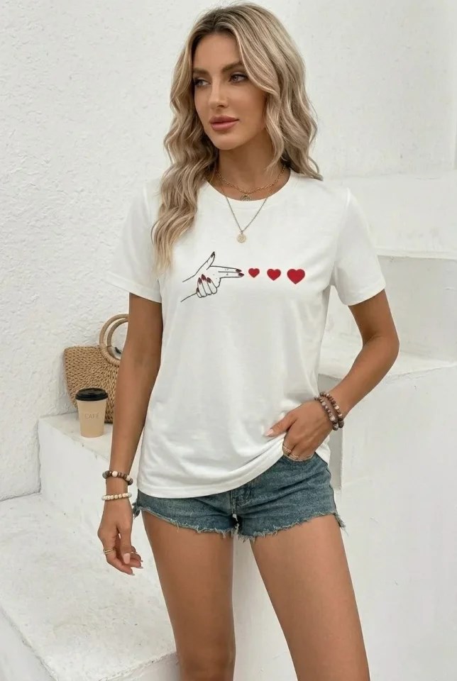 Minimal Kalp İşaret Baskılı Tişört Kısa Kol Yazlık T-Shirt - Beyaz
