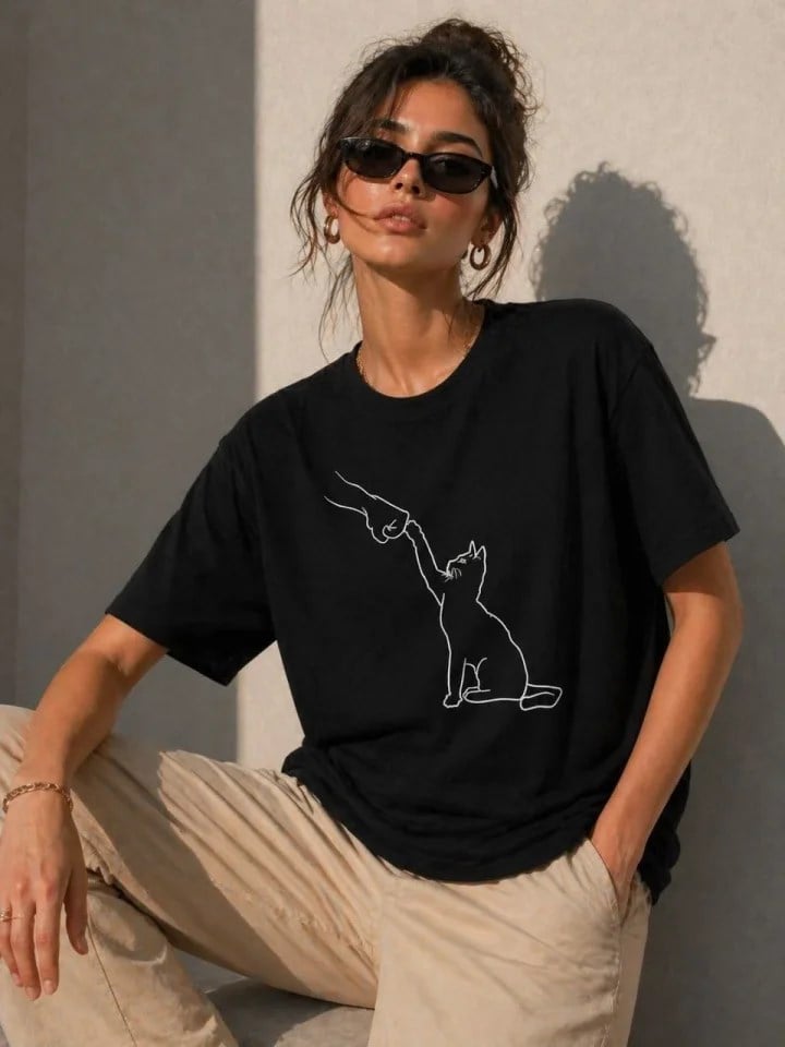 Minimal Kedi Çizim Baskılı Tişört Kısa Kol Yazlık T-Shirt - Siyah