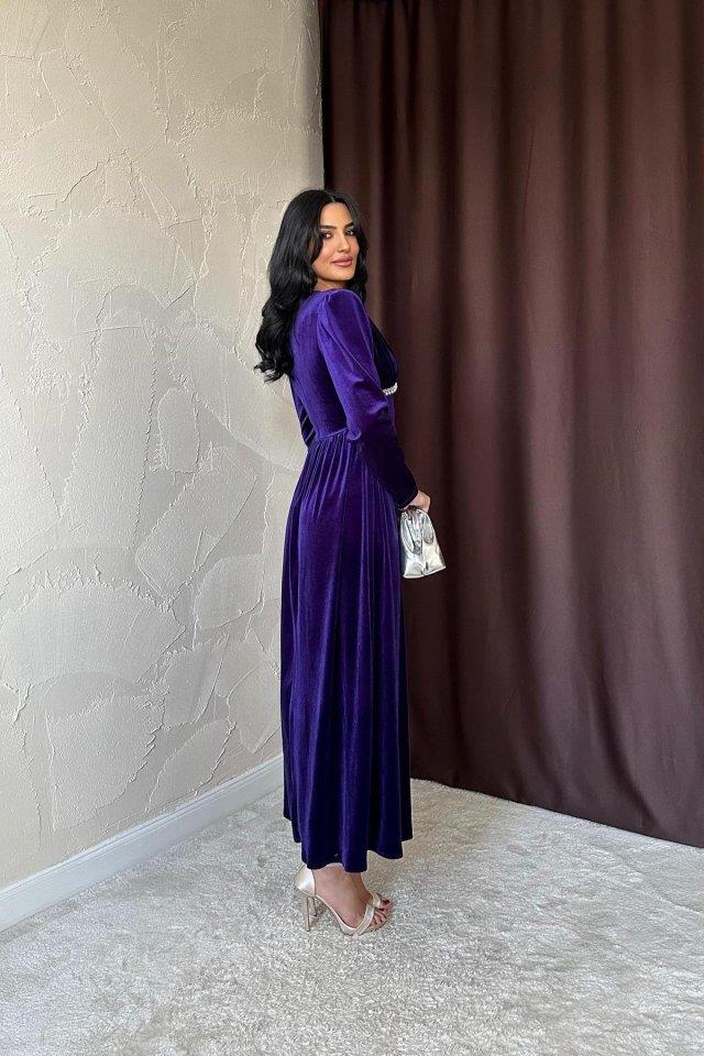 Mor Göğüs Altı Taşlı Elbise