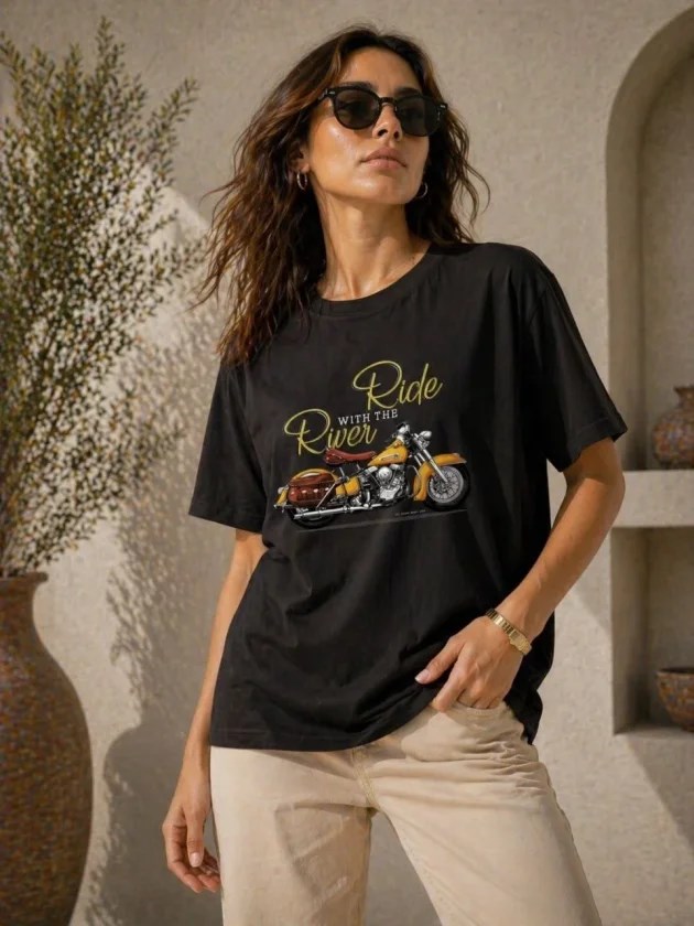 Motosiklet Baskılı Tişört Bisiklet Yaka Kısa Kol Yazlık T-Shirt - Siyah