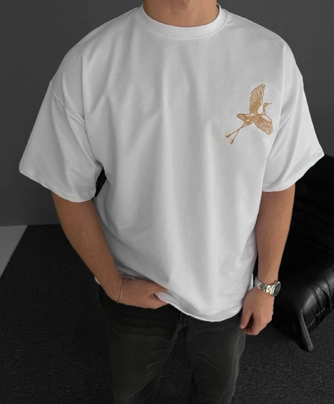 Ön Ve Arka Baskılı Oversize Bisiklet Yaka T-shirt - Beyaz