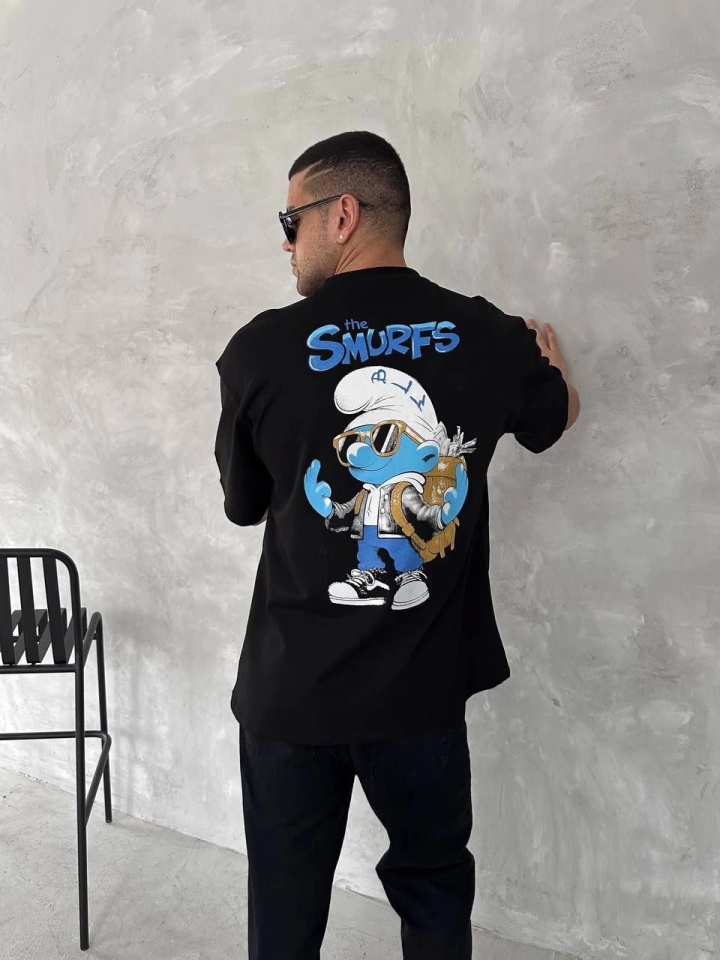 Ön Ve Arka Baskılı Oversize Bisiklet Yaka T-shirt- Siyah