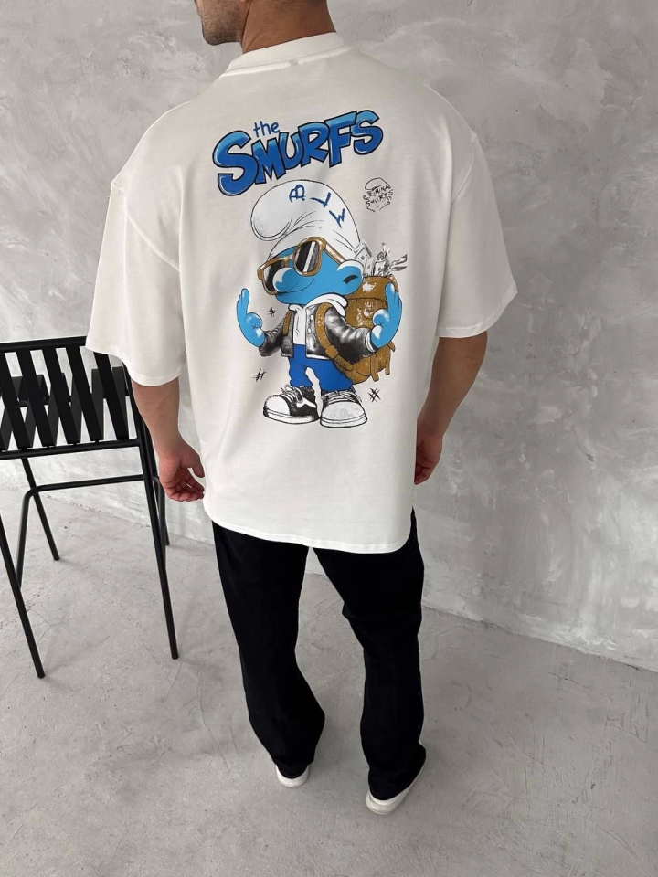 Ön Ve Arka Baskılı Oversize Bisiklet Yaka T-shirt- Beyaz