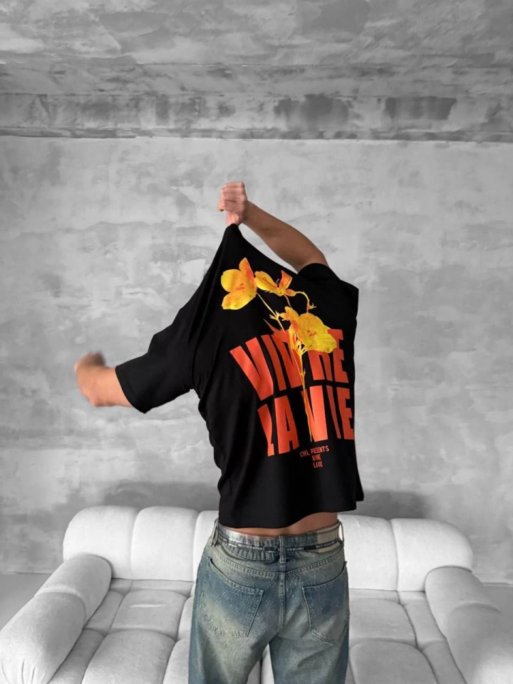 Ön Ve Arka Baskılı Oversize Bisiklet Yaka T-shirt- Siyah