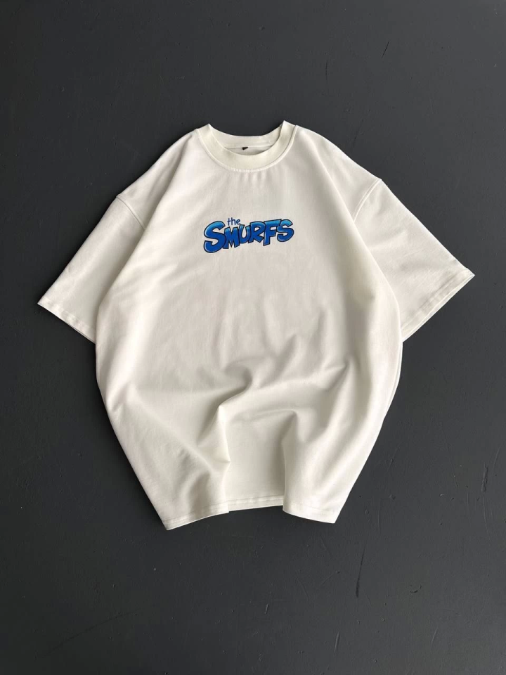 Ön Ve Arka Baskılı Oversize Bisiklet Yaka T-shirt- Beyaz