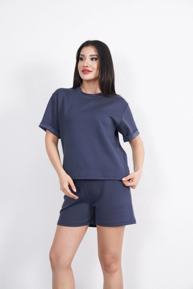 Osy Modal Yumuşak Dokulu Kumaş Bisiklet Yaka T-shirt Kısa Şort İkili Takım - Antrasit